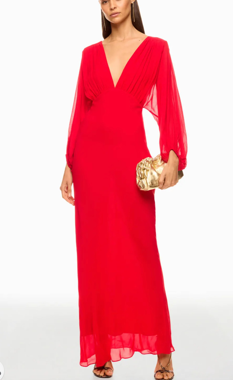 Shona Joy Red Plunging Chiffon Gown SIZE 8 Formal Draped Maxi Dress $440 Flaw